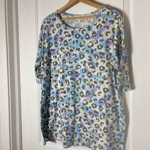 Chic Leopard Print Short Sleeve Top - Blue and Yellow